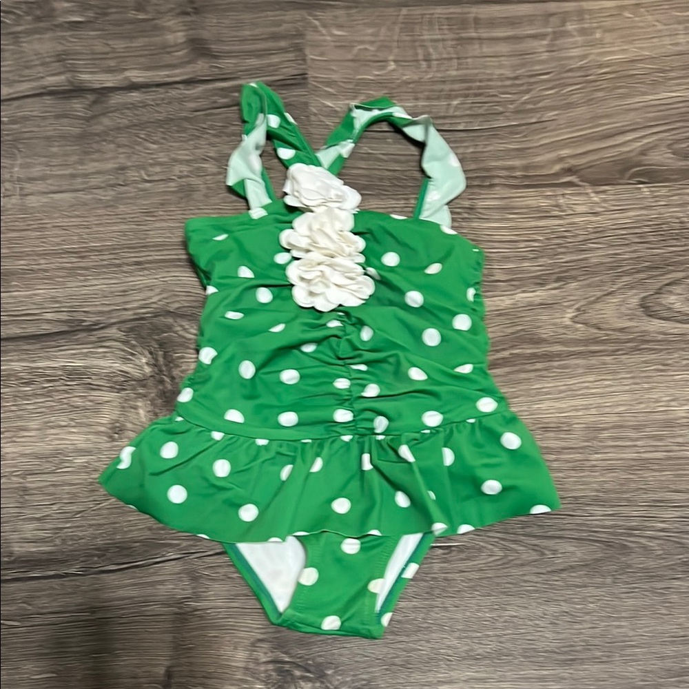 Green Polka Dot Swimsuit with White Accents